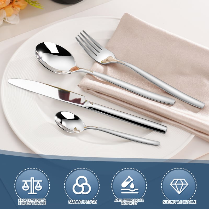 Sada príbora: nôž, vidlica, lyžica; nerezová oceľ 304; štvorhranná rukoväť; zrkadlové leštenie; tlač loga