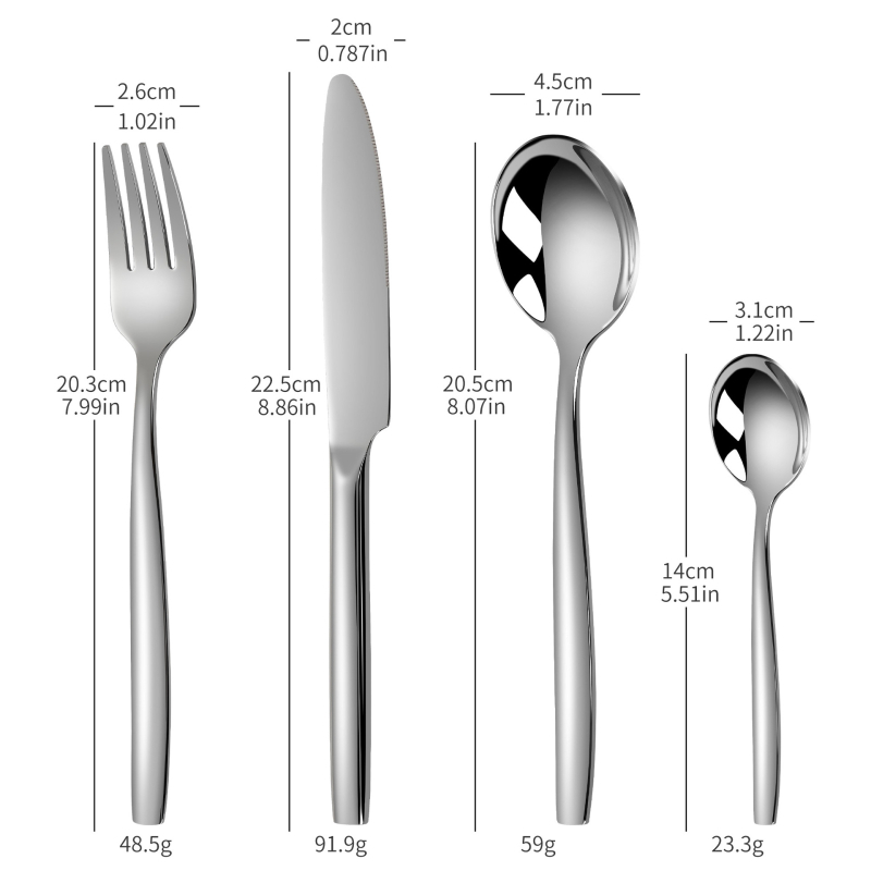 Étkészlet: kés, villa, kanál; 304-es rozsdamentes acél; négyszögletes markolat; tükörfényes felület; logó nyomtatás