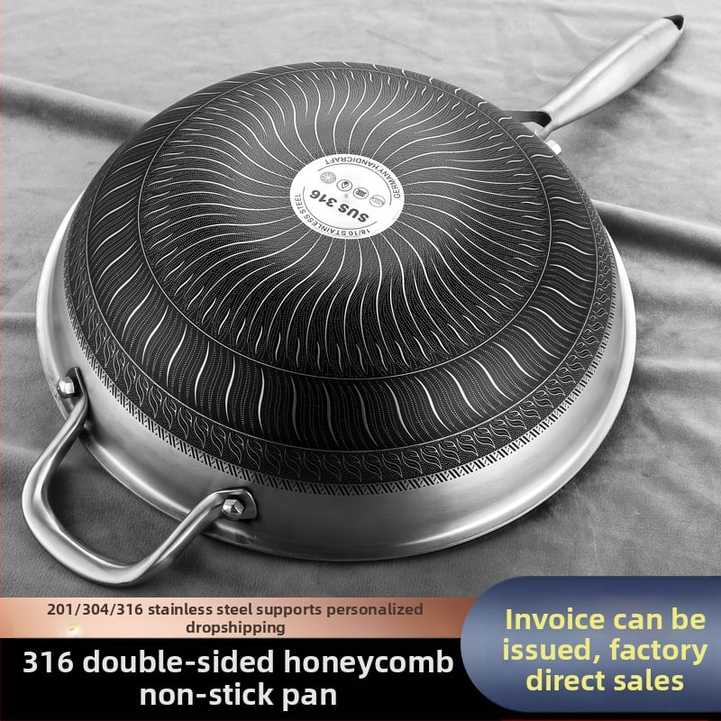 Wok set z 316-päťvrstvovej ocele, plazmové nanášanie neprilnavého povrchu, viacvrstvové dno, kryt z tvrdeného skla