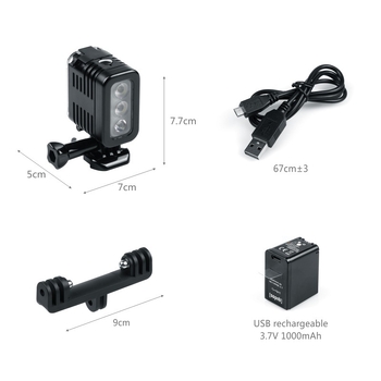 Nešiojamas LED povandeninės šviesos veiksmo kameroms — USB maitinimas, įkraunamas, ryškumo reguliavimas