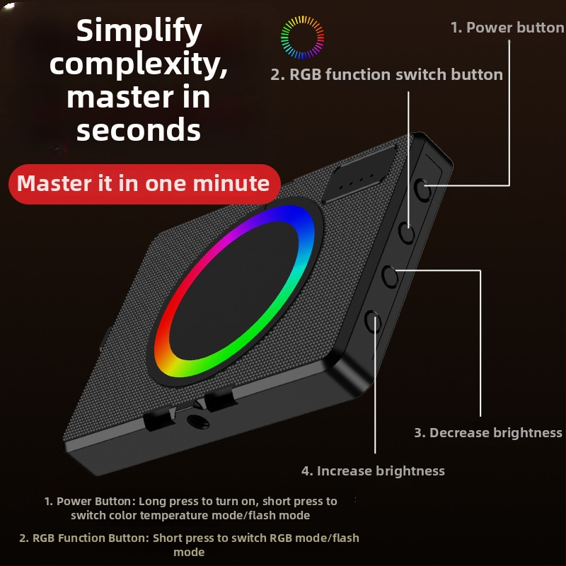 Prenosné RGB plnofarebné svetlo pre fotografovanie a video — magnetické LED svetlo na držanie, s 3 farebnými teplotami, model ZC-F06, 3,7V, menej ako 10W