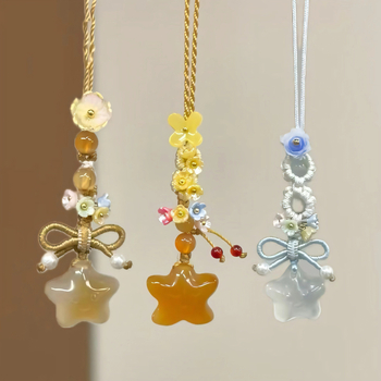 Prívesok na telefón s ručne pletenou mašličkou a hviezdou s piatimi koncami, kvetinový vzor, kórejský štýl kľúčenka