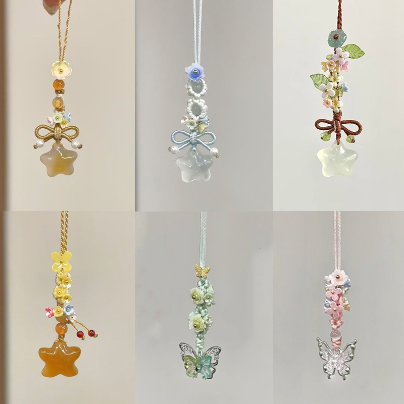 Prívesok na telefón s ručne pletenou mašličkou a hviezdou s piatimi koncami, kvetinový vzor, kórejský štýl kľúčenka