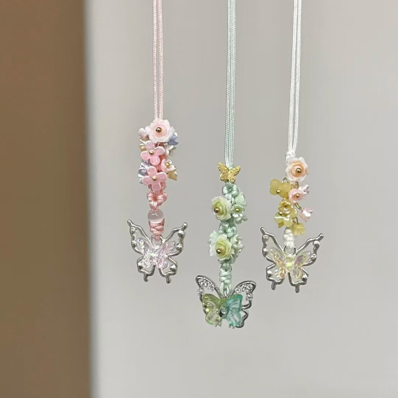 Prívesok na telefón s ručne pletenou mašličkou a hviezdou s piatimi koncami, kvetinový vzor, kórejský štýl kľúčenka