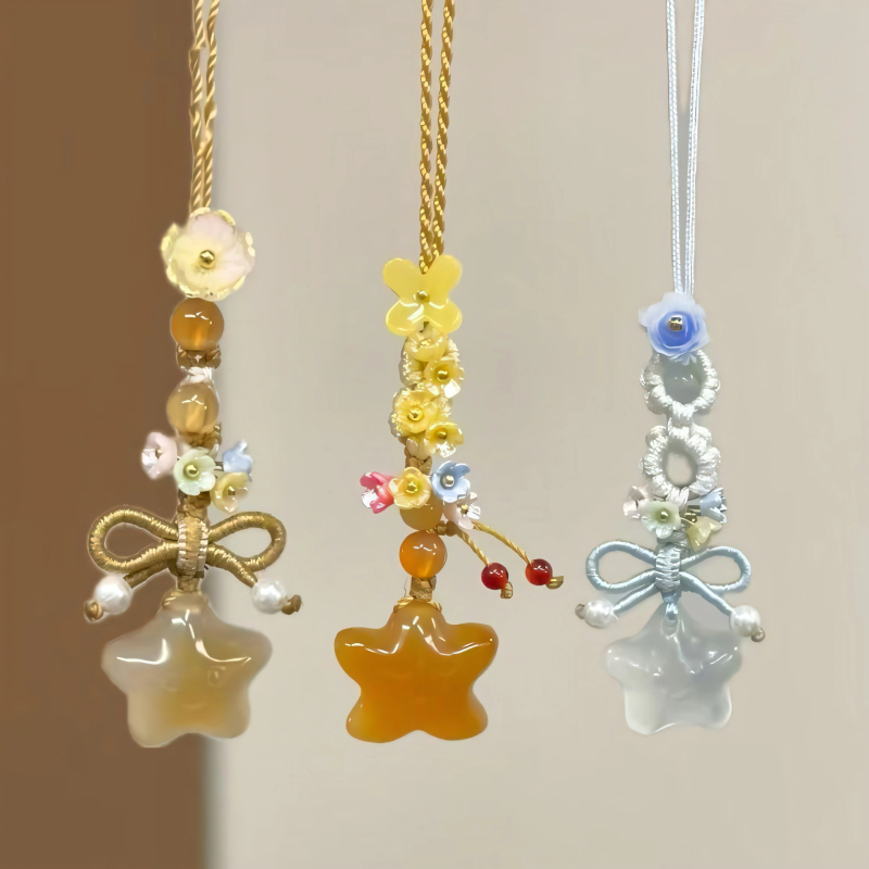 Prívesok na telefón s ručne pletenou mašličkou a hviezdou s piatimi koncami, kvetinový vzor, kórejský štýl kľúčenka