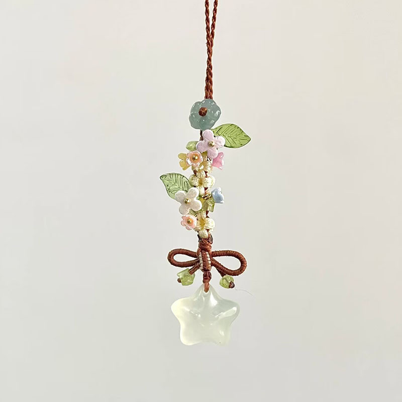 Prívesok na telefón s ručne pletenou mašličkou a hviezdou s piatimi koncami, kvetinový vzor, kórejský štýl kľúčenka