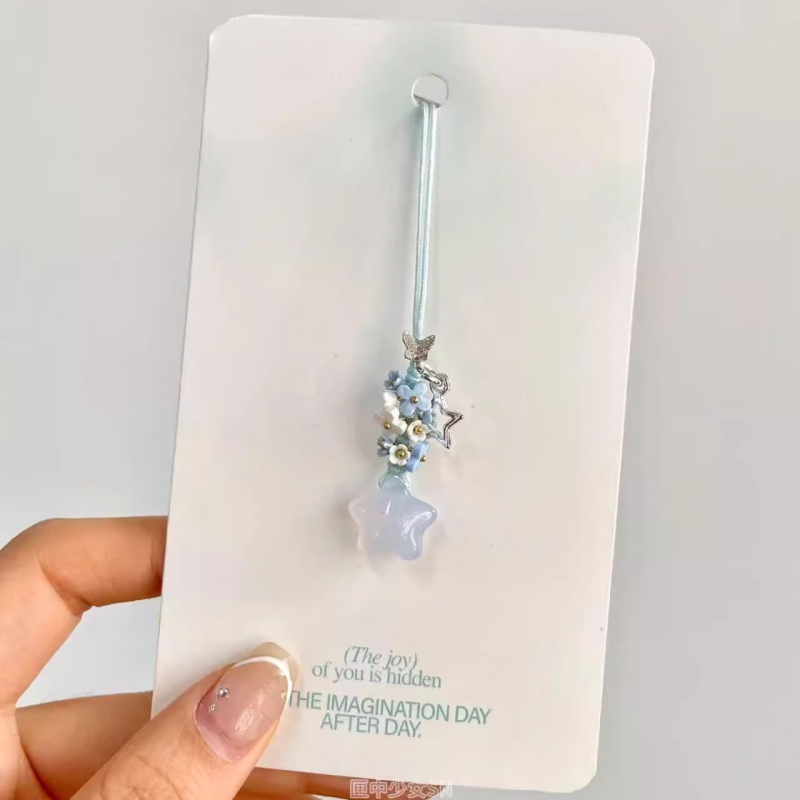 Prívesok na telefón s ručne pletenou mašličkou a hviezdou s piatimi koncami, kvetinový vzor, kórejský štýl kľúčenka