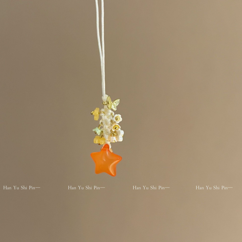 Prívesok na telefón s ručne pletenou mašličkou a hviezdou s piatimi koncami, kvetinový vzor, kórejský štýl kľúčenka