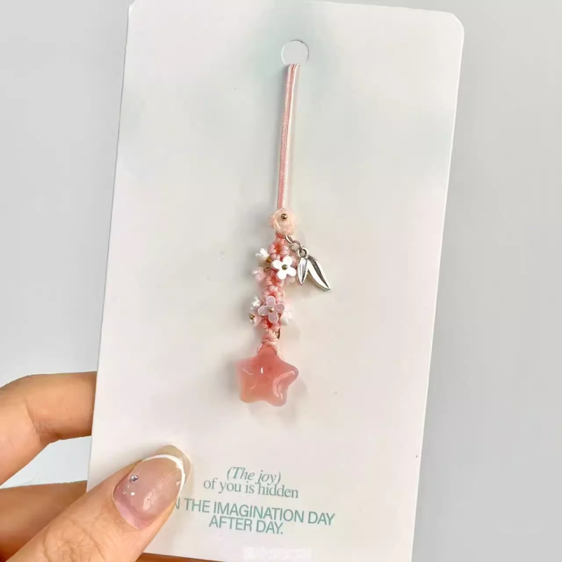 Prívesok na telefón s ručne pletenou mašličkou a hviezdou s piatimi koncami, kvetinový vzor, kórejský štýl kľúčenka