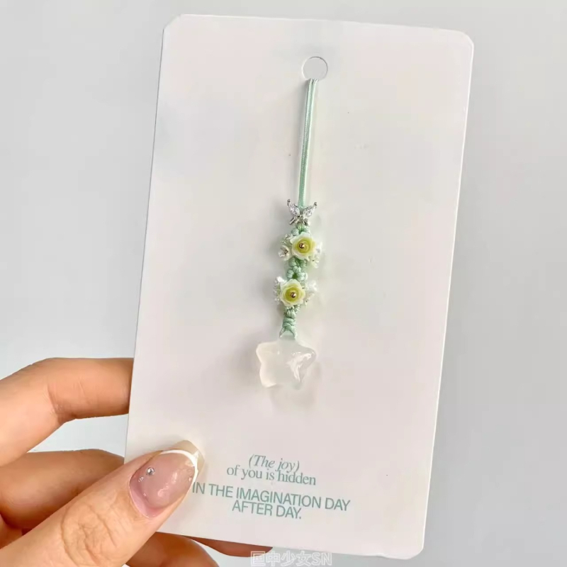 Prívesok na telefón s ručne pletenou mašličkou a hviezdou s piatimi koncami, kvetinový vzor, kórejský štýl kľúčenka