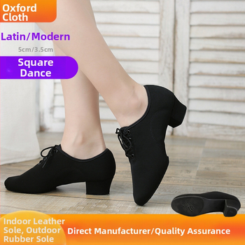 Dámske latinské tanečné topánky – stredný podpätok, gumená podrážka, vrchná časť z látky, pre dospelé tanečníčky