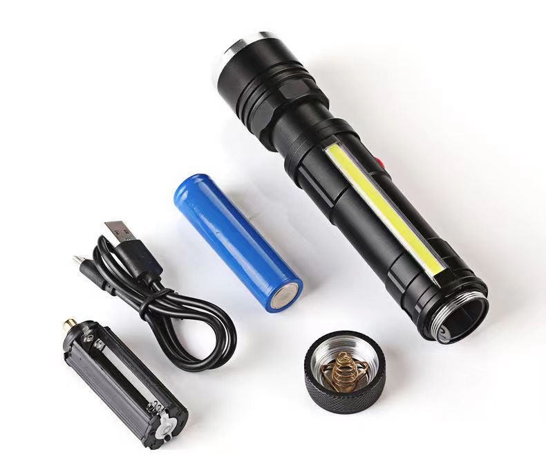 Lanternă din aliaj de aluminiu, LED T6 cu zoom, USB reîncărcabil 7W, rază de peste 500 m, rotire la 360°, suport magnetic pentru stilou și COB lumină