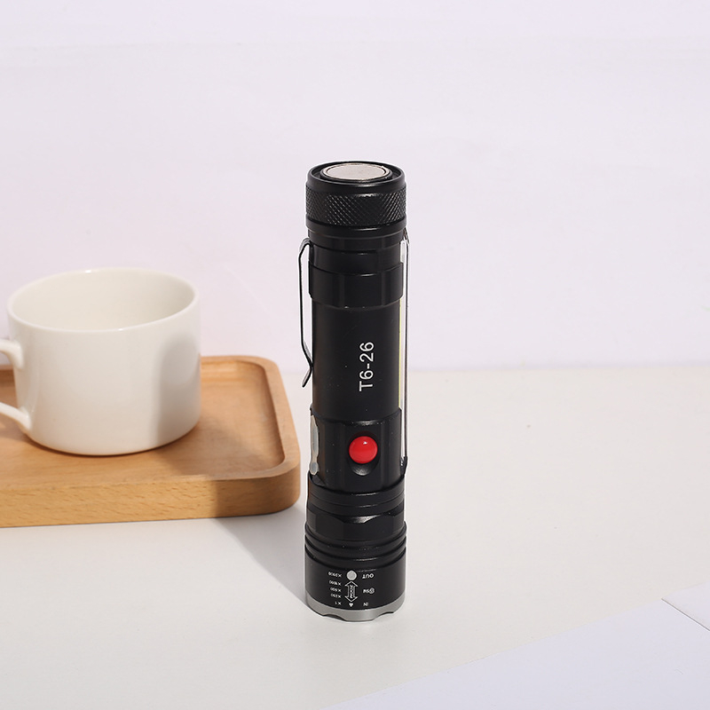 Lanternă din aliaj de aluminiu, LED T6 cu zoom, USB reîncărcabil 7W, rază de peste 500 m, rotire la 360°, suport magnetic pentru stilou și COB lumină