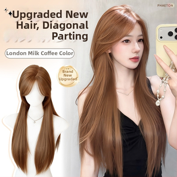 Parochňa s prirodzeným vzhľadom, dlhé rovné vlasy a šikmé ofiny, vlákno z vysokoteplotného hodvábia, model 8484