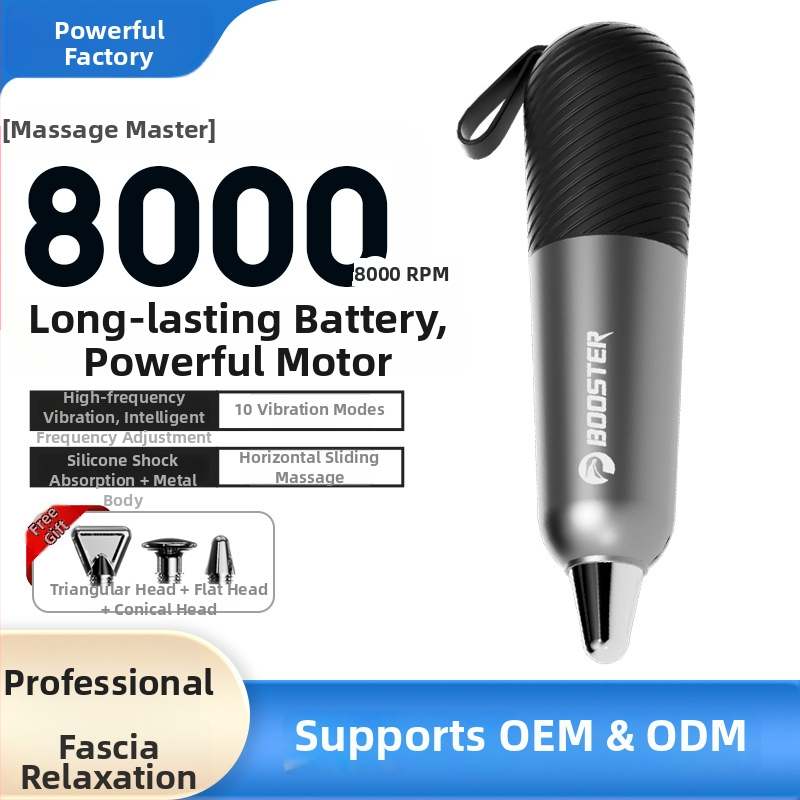 Fascia Gun s vysokofrekvenčnou vibráciou — bezkartáčový motor, mini prenosný, 5+ rýchlostí, 3 masážne hlavy, vstavaná batéria 300–500 mAh, výdrž 1–3 h