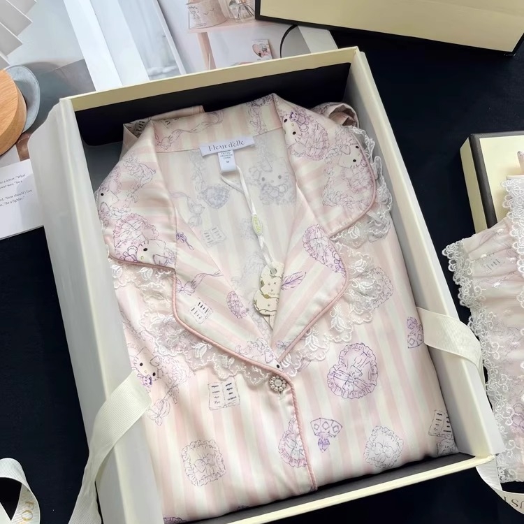 Ice Silk set pidžama, sladak stil, tan materijal (101-120 g/m²), ovratnik Turn-down, dugi rukavi