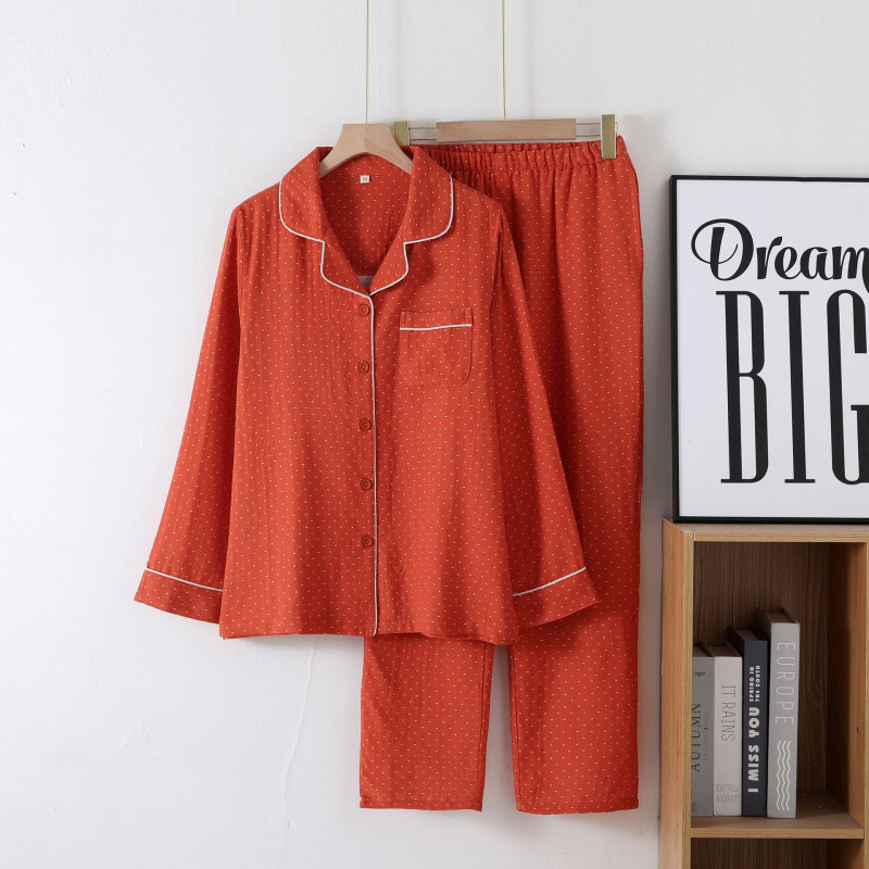 Ženski set pidžama od pamuka s dvostrukim slojem gaze, Muji-inspiriran minimalistički stil, dugi rukavi, rever ovratnik, tanak materijal, pogodan za ljeto, proljeće i jesen