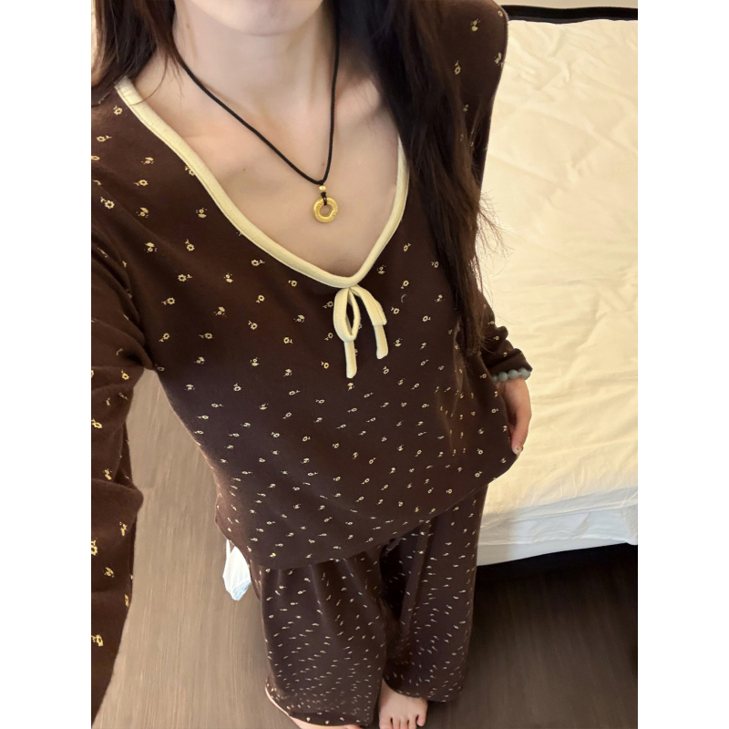 Ženski set pidžama za jesen/zimu s debelim materijalom, korejskog stila s cvjetnim uzorkom, udoban kućni outfit, pogodan i za nošenje na otvorenom zimi