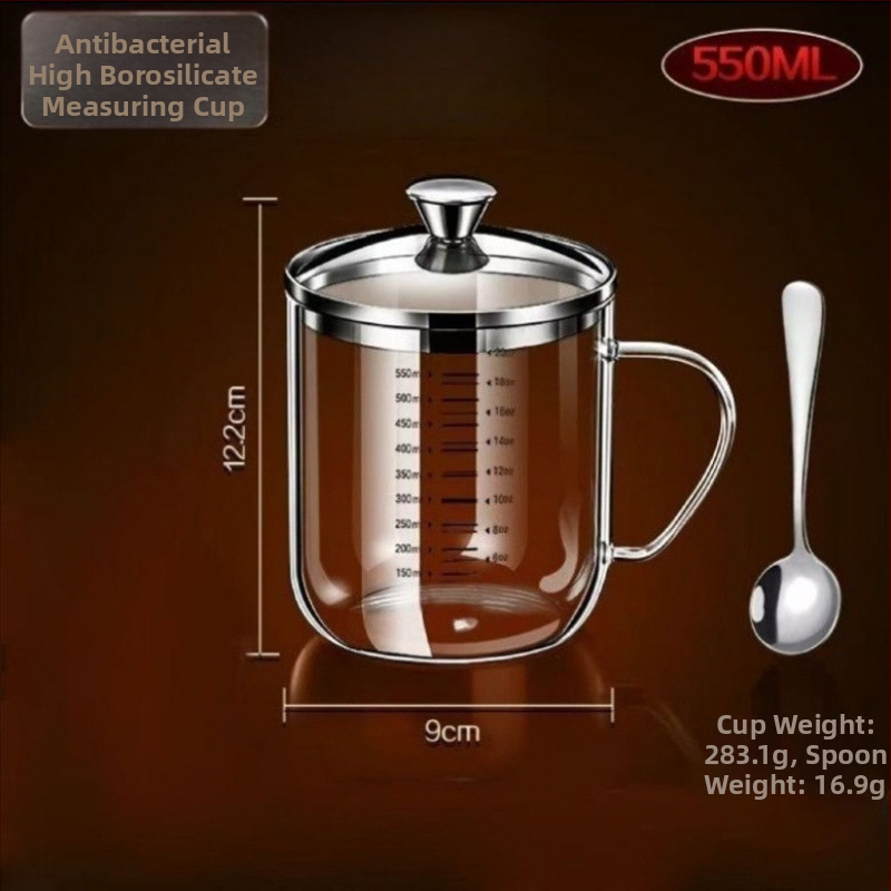 Pohár z borosilikátového skla, vysoká teplotná odolnosť, graduovaná stupnica, trojuholníkový tvar, s viečkom