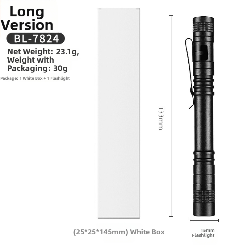 Ručná LED baterka z hliníkovej zliatiny, napájaná suchou batériou, dosah 10–50 m, model BL-7823, hmotnosť 25–30 g