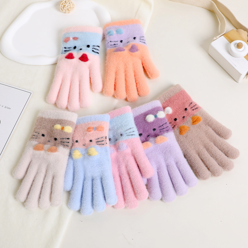 Detské pletené rukavice na zimu, s oddelenými prstami, teplé, karikatúrny vzor (Materiál: Pletené; Funkcia: Teplé; Vzor: Karikatúra; Štýl: Rukavice s oddelenými prstami)