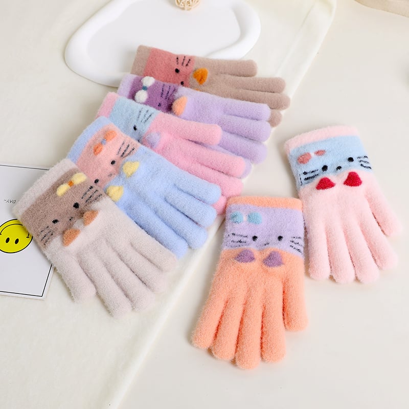 Detské pletené rukavice na zimu, s oddelenými prstami, teplé, karikatúrny vzor (Materiál: Pletené; Funkcia: Teplé; Vzor: Karikatúra; Štýl: Rukavice s oddelenými prstami)