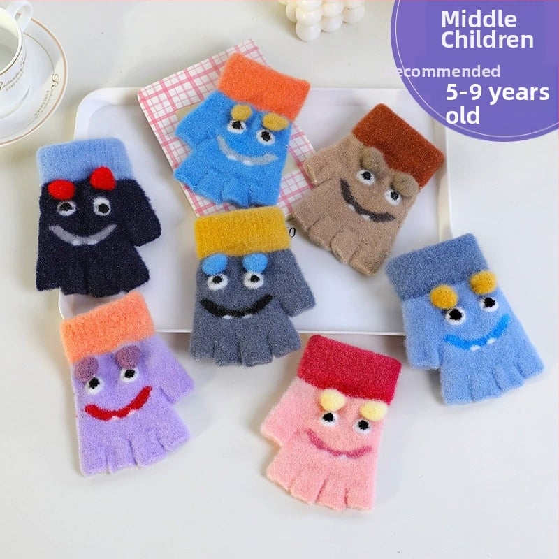 Detské pletené rukavice na zimu, s oddelenými prstami, teplé, karikatúrny vzor (Materiál: Pletené; Funkcia: Teplé; Vzor: Karikatúra; Štýl: Rukavice s oddelenými prstami)