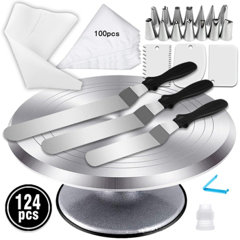 Set na zdobenie tort s otočnou platňou z hliníkovej zliatiny, okrúhly tvar, 7 dielov: špachtľa, tryska na zdobenie, vrecko na zdobenie