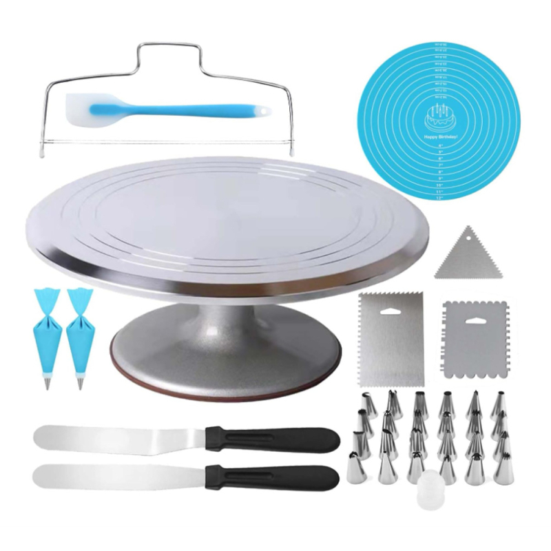 Set na zdobenie tort s otočnou platňou z hliníkovej zliatiny, okrúhly tvar, 7 dielov: špachtľa, tryska na zdobenie, vrecko na zdobenie