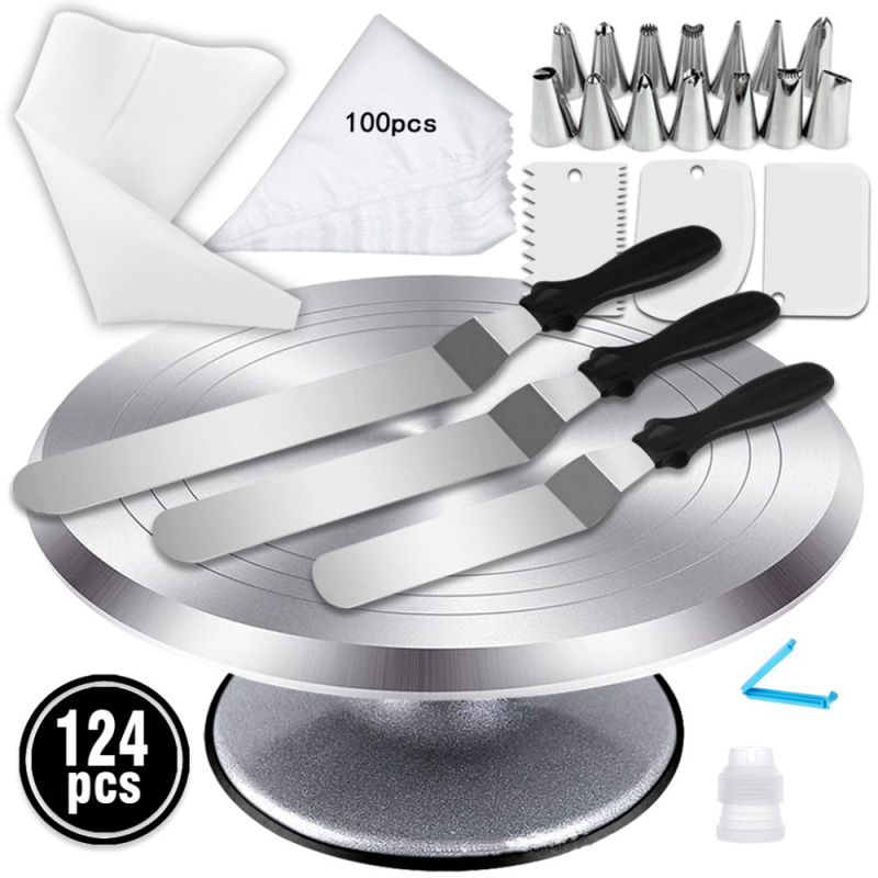 Set na zdobenie tort s otočnou platňou z hliníkovej zliatiny, okrúhly tvar, 7 dielov: špachtľa, tryska na zdobenie, vrecko na zdobenie