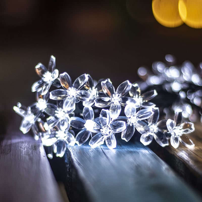 Solárna LED girlanda s kvietkami sakury na vonkajšiu terasu, GS5896, 0,05W na LED, IP65, Vstupné napätie ≤36V, Napájanie batériou/USB/solárne/DC