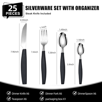 25-dielny set príborov: nože, vidličky, lyžice a paličky, z nehrdzavejúcej ocele 410, zrkadlový povrch
