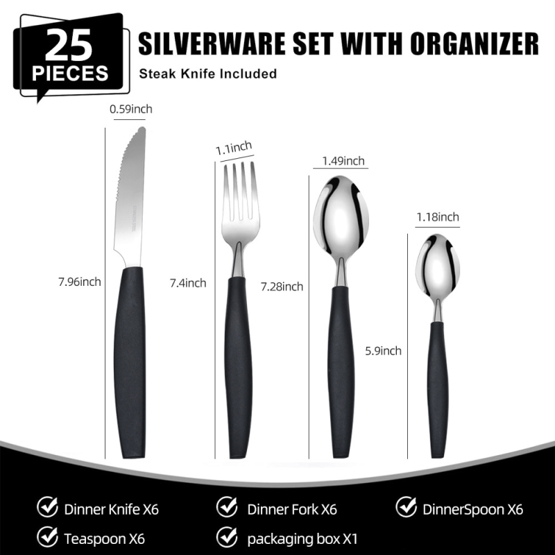 25-dielny set príborov: nože, vidličky, lyžice a paličky, z nehrdzavejúcej ocele 410, zrkadlový povrch