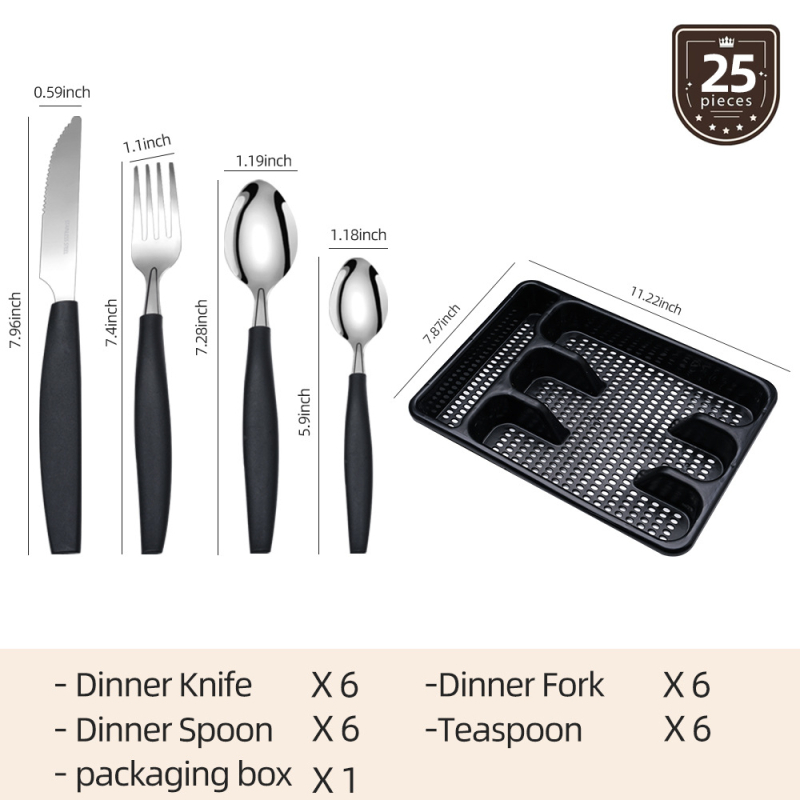 25-dielny set príborov: nože, vidličky, lyžice a paličky, z nehrdzavejúcej ocele 410, zrkadlový povrch