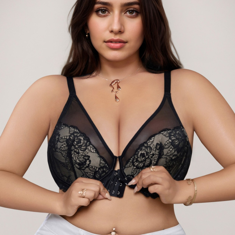 Push-up podprsenka z čipky, 3/4 košík, zapínanie vpredu, bezšvová, priedušná