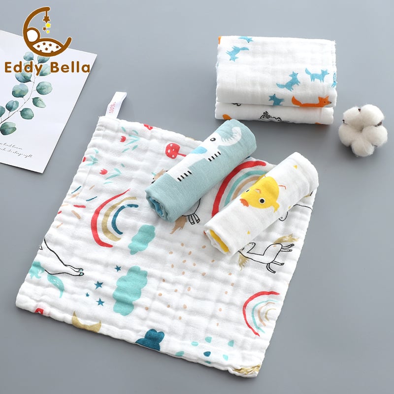 Štvorecové bavlnené uteráky na tvár - potlačený vzor s karikatúrou a kvetmi, 100% bavlna, savé, pre novorodencov