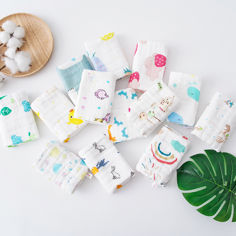 Štvorecové bavlnené uteráky na tvár - potlačený vzor s karikatúrou a kvetmi, 100% bavlna, savé, pre novorodencov