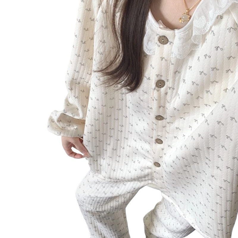 Set de pijamale în stil coreean, floral — mâneci lungi, guler rotund, material Ice Silk, țesătură extrem de groasă, anti-static și păstrarea căldurii