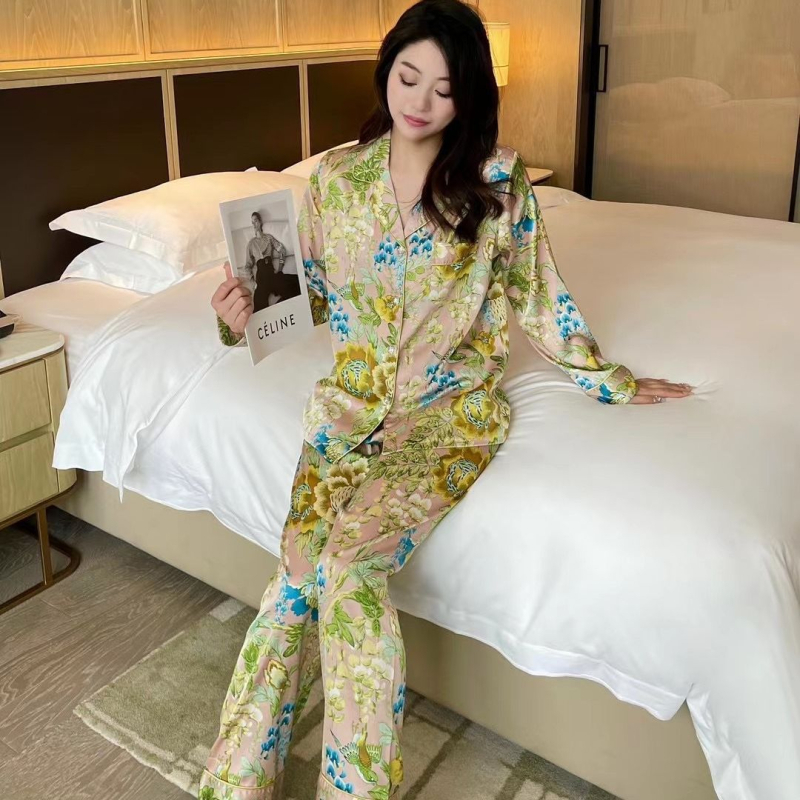 Set pijama Ice Silk: Bluza cu mâneci lungi și pantaloni, respirabil, lejer, potrivit pentru purtare în exterior