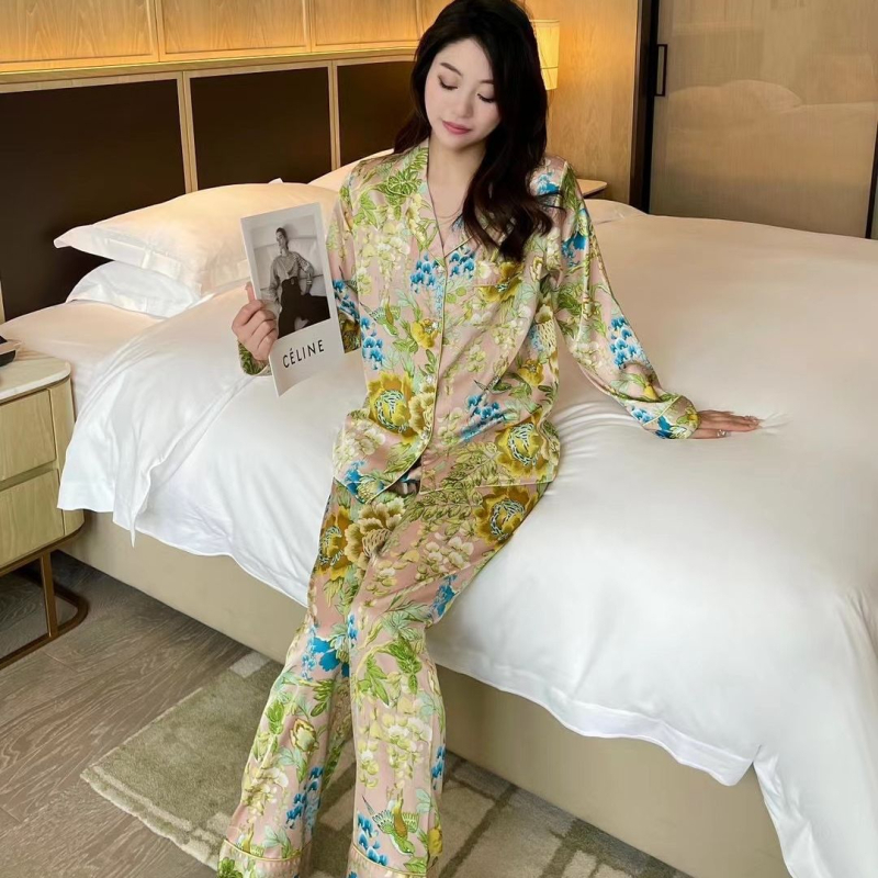 Set pijama Ice Silk: Bluza cu mâneci lungi și pantaloni, respirabil, lejer, potrivit pentru purtare în exterior