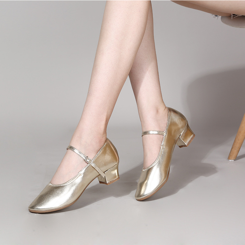 Ženske plesne cipele za kvadratske i društvene plesove, s debelim potplatom, gornji dio od sintetičke kože, potplat od teleće kože, pogodne za sve sezone