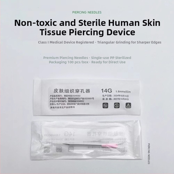 Jednorazový set piercingových ihiel pre perforáciu kože (uši, jazyk, pery) s potiahnutými ihlami; Značka Tai Mei; Netto obsah 150 g; Pôvod Iné; Výrobca Henan Taimei