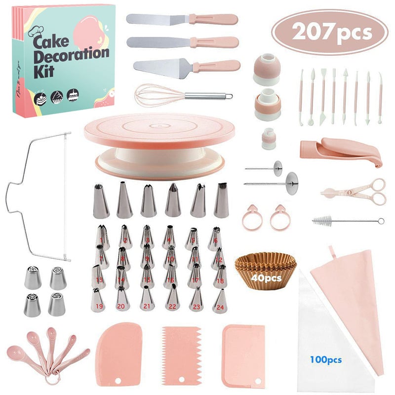 Set na zdobenie tort s otočnou podložkou – nerezová oceľ, nepravidelný tvar; 207 dielov; zahŕňa zdobiace trubičky, vrecká, špachtle a formy na muffin; značka qiao; uvedené v roku 2025