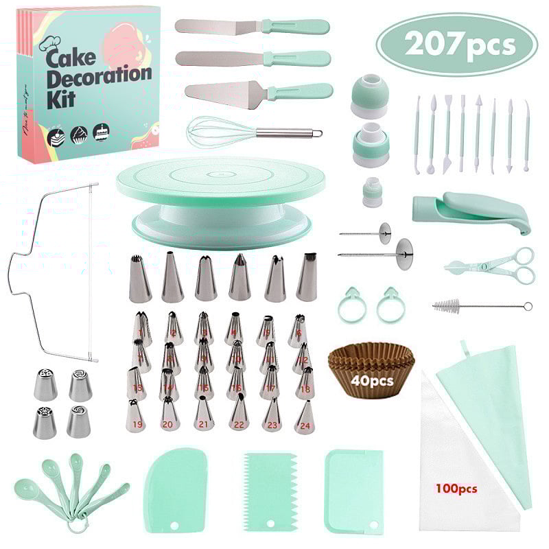 Set na zdobenie tort s otočnou podložkou – nerezová oceľ, nepravidelný tvar; 207 dielov; zahŕňa zdobiace trubičky, vrecká, špachtle a formy na muffin; značka qiao; uvedené v roku 2025