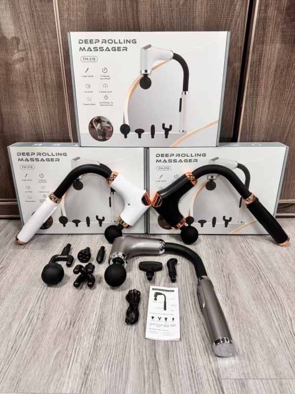 U‑tvarovaná masážna pištoľ na krk a ramená s 4 hlavami, 5+ rýchlosťami, zabudovaná batéria 1200–2000 mAh, až 1 hodina prevádzky, hluk pod 36 dB