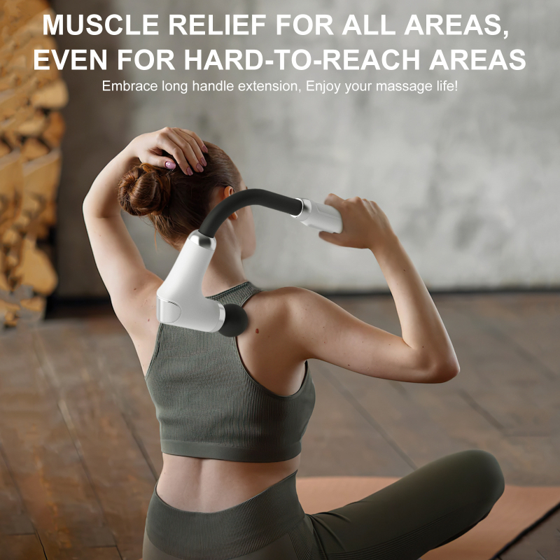 U‑tvarovaná masážna pištoľ na krk a ramená s 4 hlavami, 5+ rýchlosťami, zabudovaná batéria 1200–2000 mAh, až 1 hodina prevádzky, hluk pod 36 dB