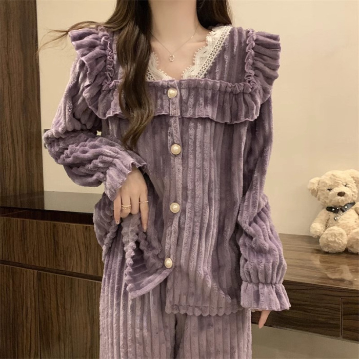 Ženski pajamski set od flanel tkanine s koralnim fleeceom, reljefni velur i čipka, V-izrez, dugi rukavi, hlače; 100% poliester; ultra debeli 301–350 g/m2; za kućnu upotrebu