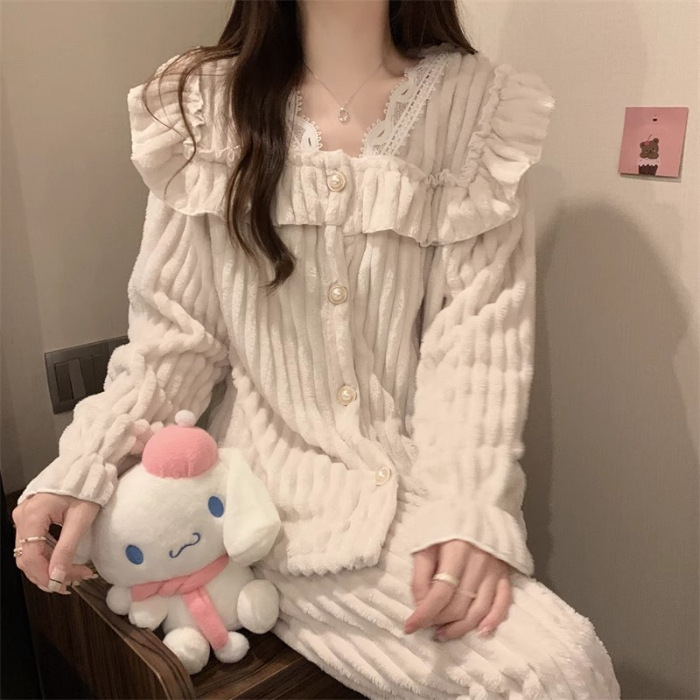 Ženski pajamski set od flanel tkanine s koralnim fleeceom, reljefni velur i čipka, V-izrez, dugi rukavi, hlače; 100% poliester; ultra debeli 301–350 g/m2; za kućnu upotrebu