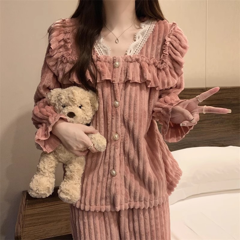 Ženski pajamski set od flanel tkanine s koralnim fleeceom, reljefni velur i čipka, V-izrez, dugi rukavi, hlače; 100% poliester; ultra debeli 301–350 g/m2; za kućnu upotrebu
