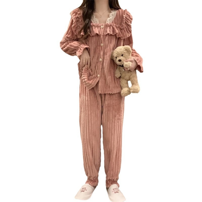 Ženski pajamski set od flanel tkanine s koralnim fleeceom, reljefni velur i čipka, V-izrez, dugi rukavi, hlače; 100% poliester; ultra debeli 301–350 g/m2; za kućnu upotrebu